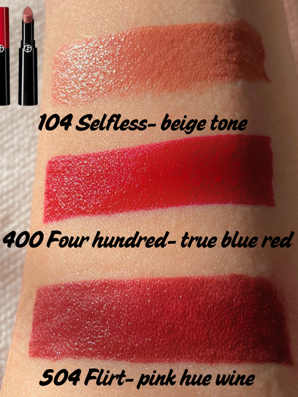 armani lip power satin lipstick swatches shades 104 400 504
