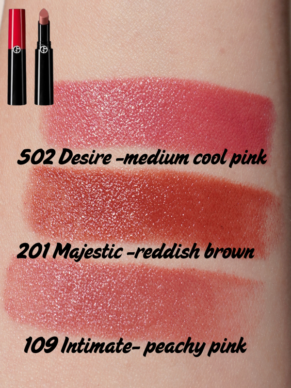 armani lip power satin lipstick swatches shades 109 201 502