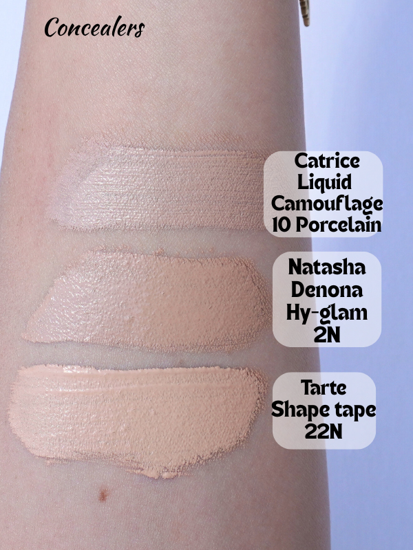 concealer swatches tarte shape tape 22n natasha denona hy-glam concealer 2N catrice liquid camouflage 10 porcelain