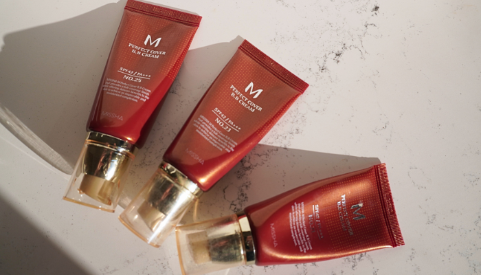 Missha M Perfect Cover BB cream SPF 42+++ 3 shades on display marble