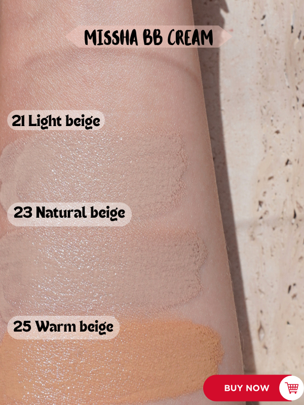 missha bb cream swatches shades 21, 23, 25