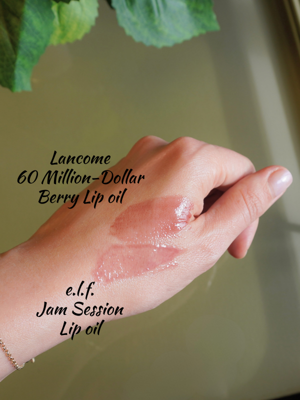 Lancome Lip Idole JuicyTreat Oil-in-gloss in 60 Million-Dollar Berry vs. e.l.f. Glow Reviver Lip Oil in Jam Session swatches