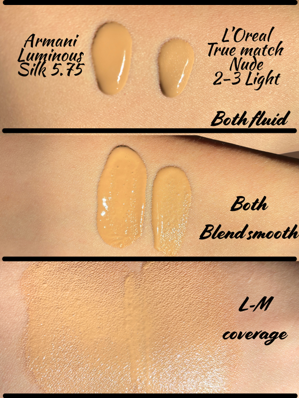 Armani luminous silk dupe loreal true match nude hyaluronic tinted serum swatches side by side